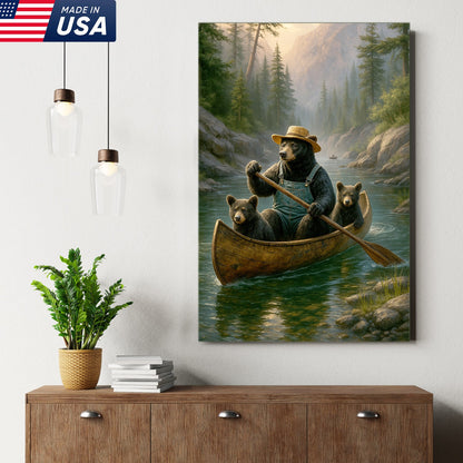 Bear Family Canoe Adventure Canvas Wall Art – Rustic Wildlife Wall Decor for Cabin & Home