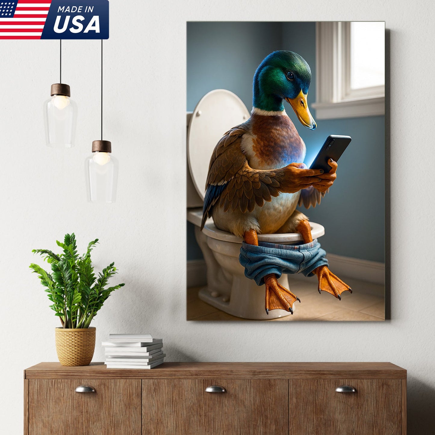 Funny Duck on Toilet Canvas Wall Art – Hilarious Gift for Men, Husband or Bathroom Decor