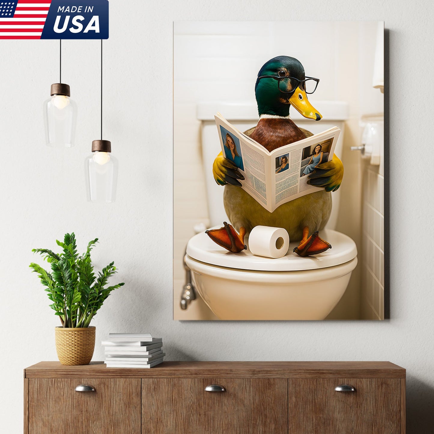 Funny Duck Bathroom Canvas Wall Art – Unique Gift for Hunters, Wildlife Lovers & Cabin Decor