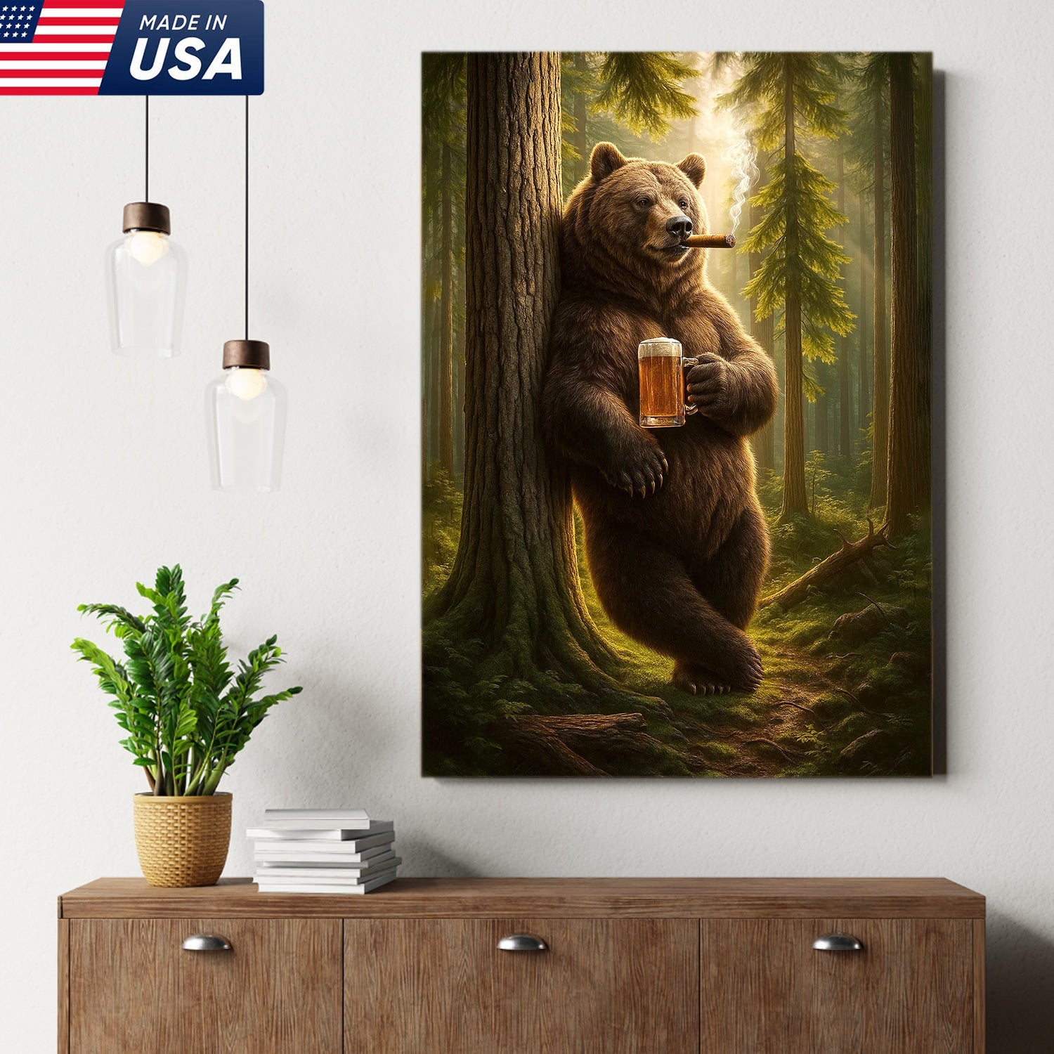 Rustic Bear in Forest Canvas Wall Art, Woodland Animal Decor, Nature Landscape Home Decoration