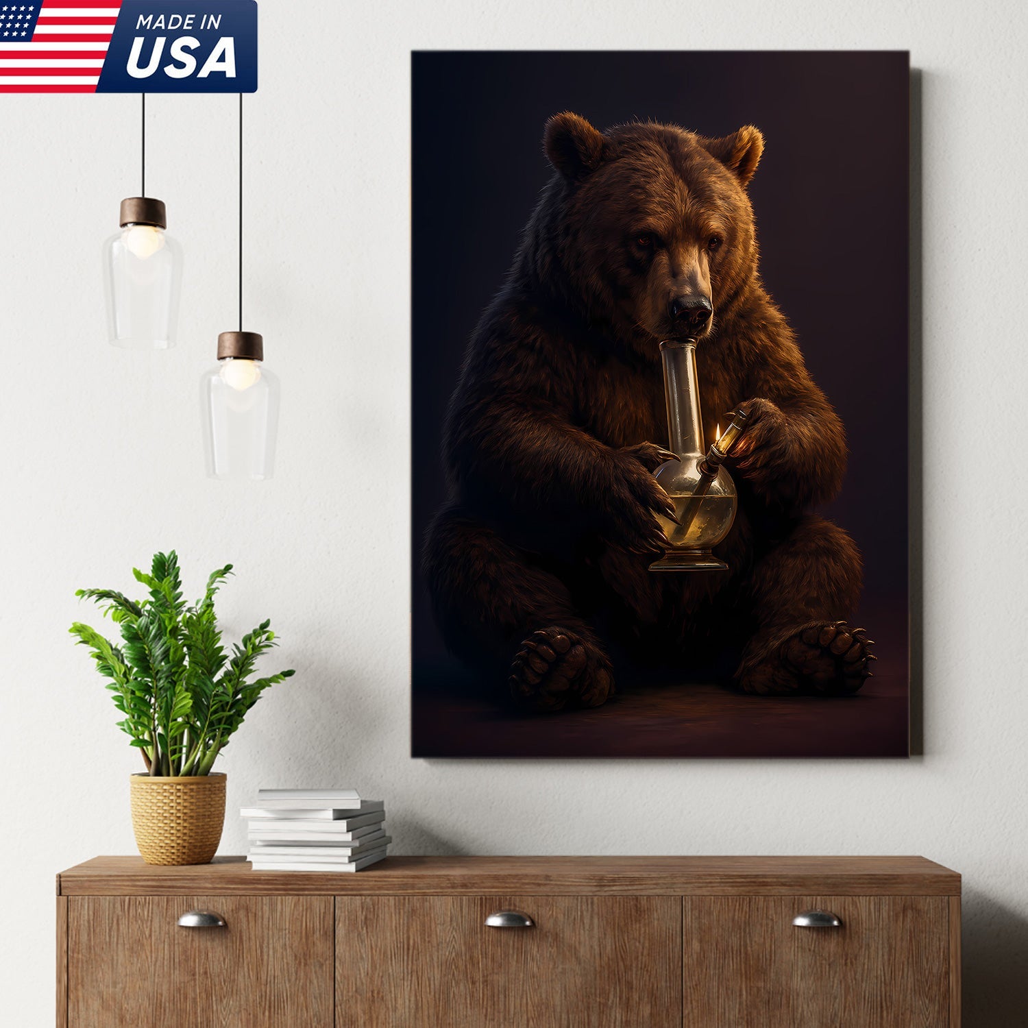 Rustic Bear Smoking Canvas Wall Art – Funny Cabin Decor for Hunters & Outdoor Lovers