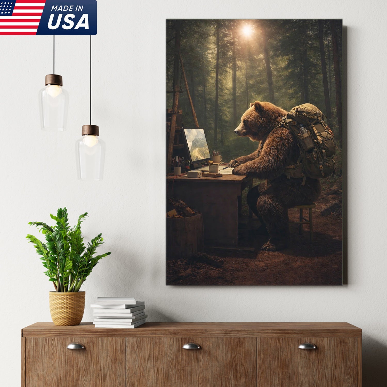 Bear Remote Work Canvas Wall Art, Whimsical Forest Office Animal Illustration