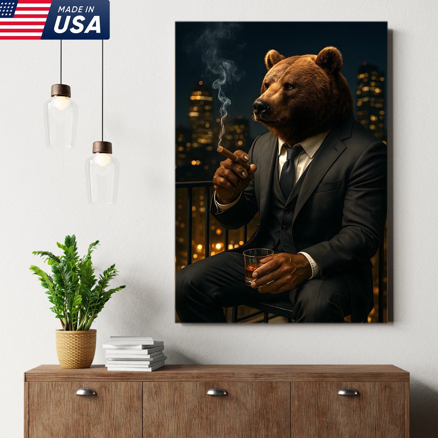 Boss Bear Wall Art – Suited Animal Smoking Canvas, Whiskey Lounge Decor, Alpha Man Gift