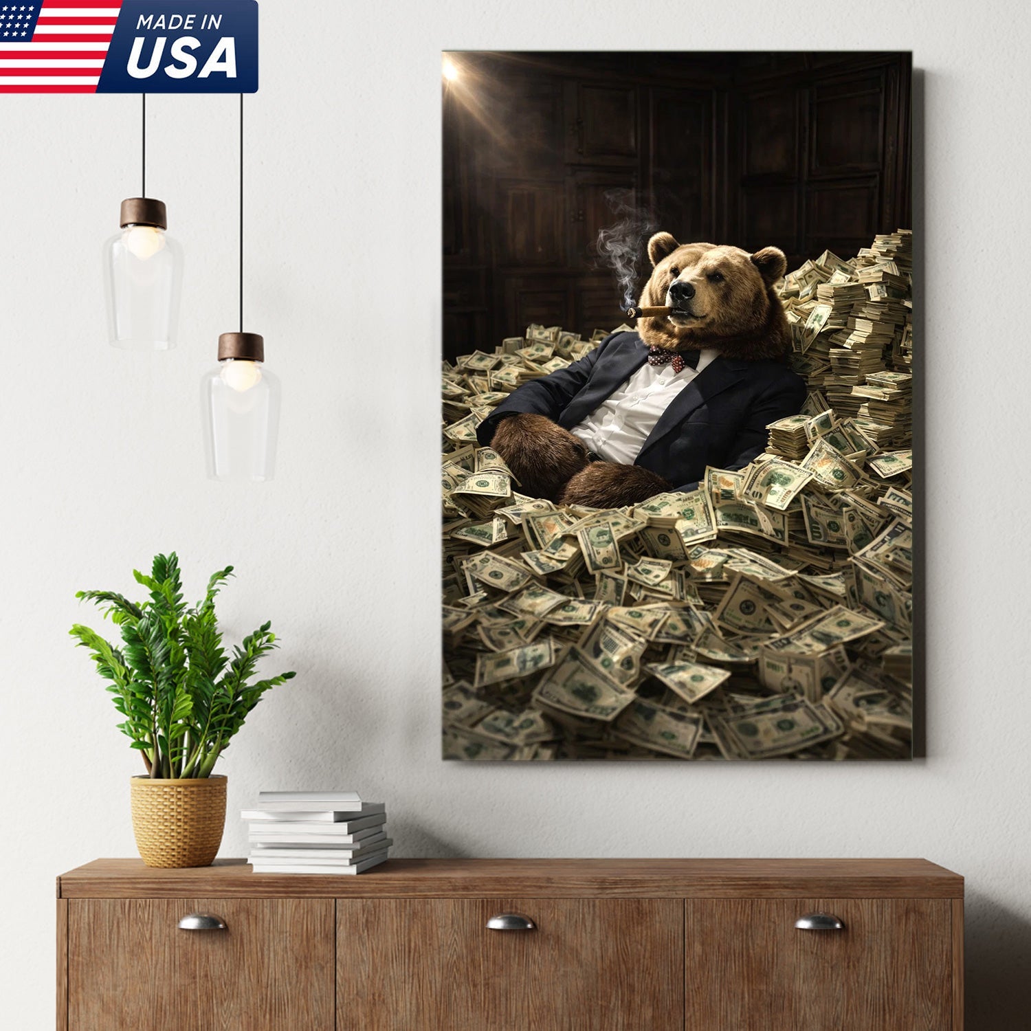 Luxury Bear Wall Art Canvas Print, Powerful Wealth Animal Portrait Illustration