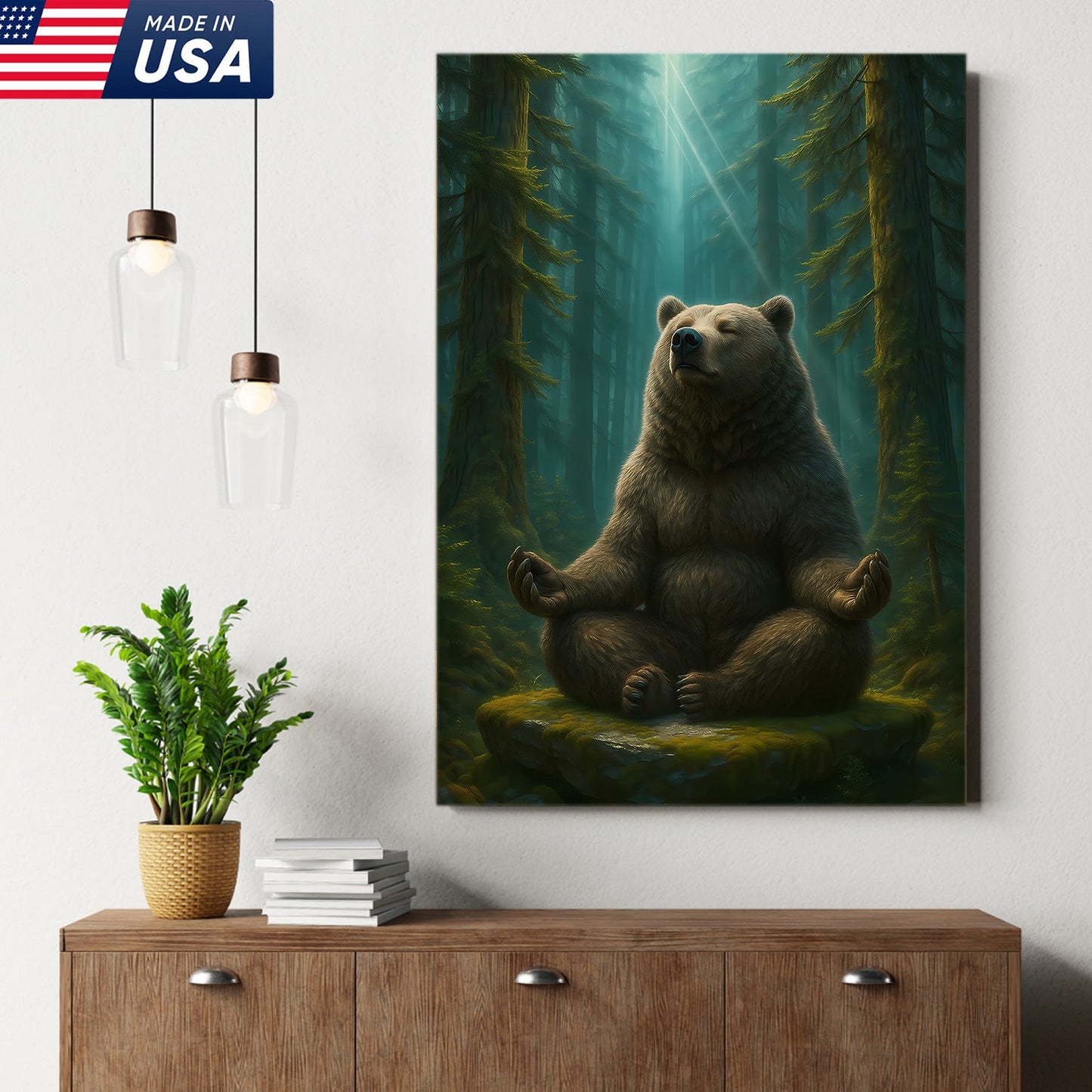 Zen Bear Wall Art – Meditating Bear Canvas for Cabin, Nature Lovers & Rustic Home Decor