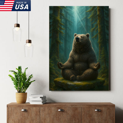 Zen Bear Wall Art – Meditating Bear Canvas for Cabin, Nature Lovers & Rustic Home Decor
