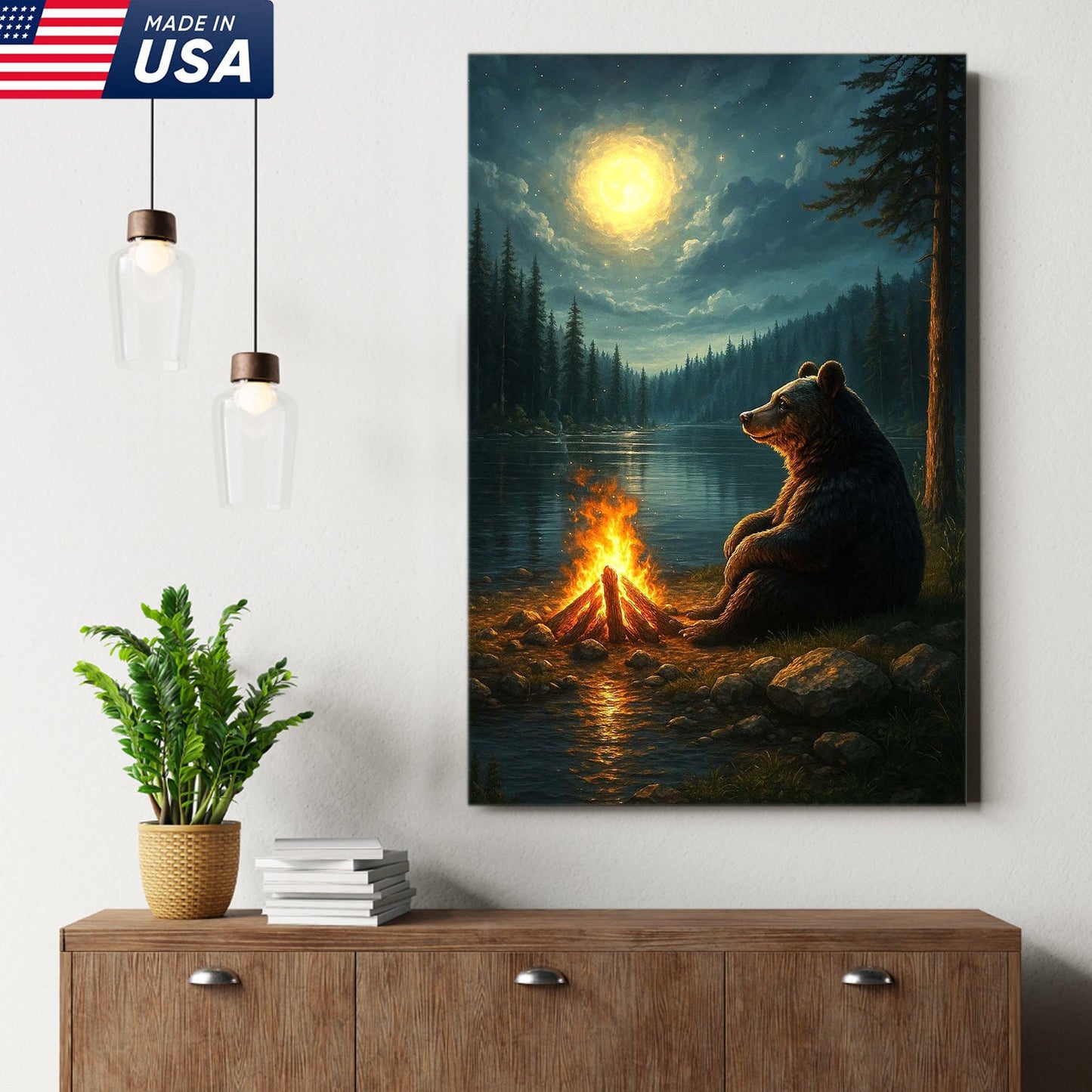 Bear Campfire Night Wall Art Canvas, Cozy Camping Bear by Lake