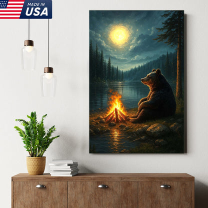 Bear Campfire Night Wall Art Canvas, Cozy Camping Bear by Lake