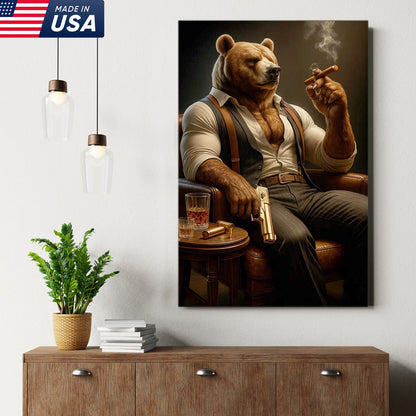 Boss Bear Canvas Wall Art, Stylish Anthropomorphic Animal Portrait, Masculine Power Lounge Decor