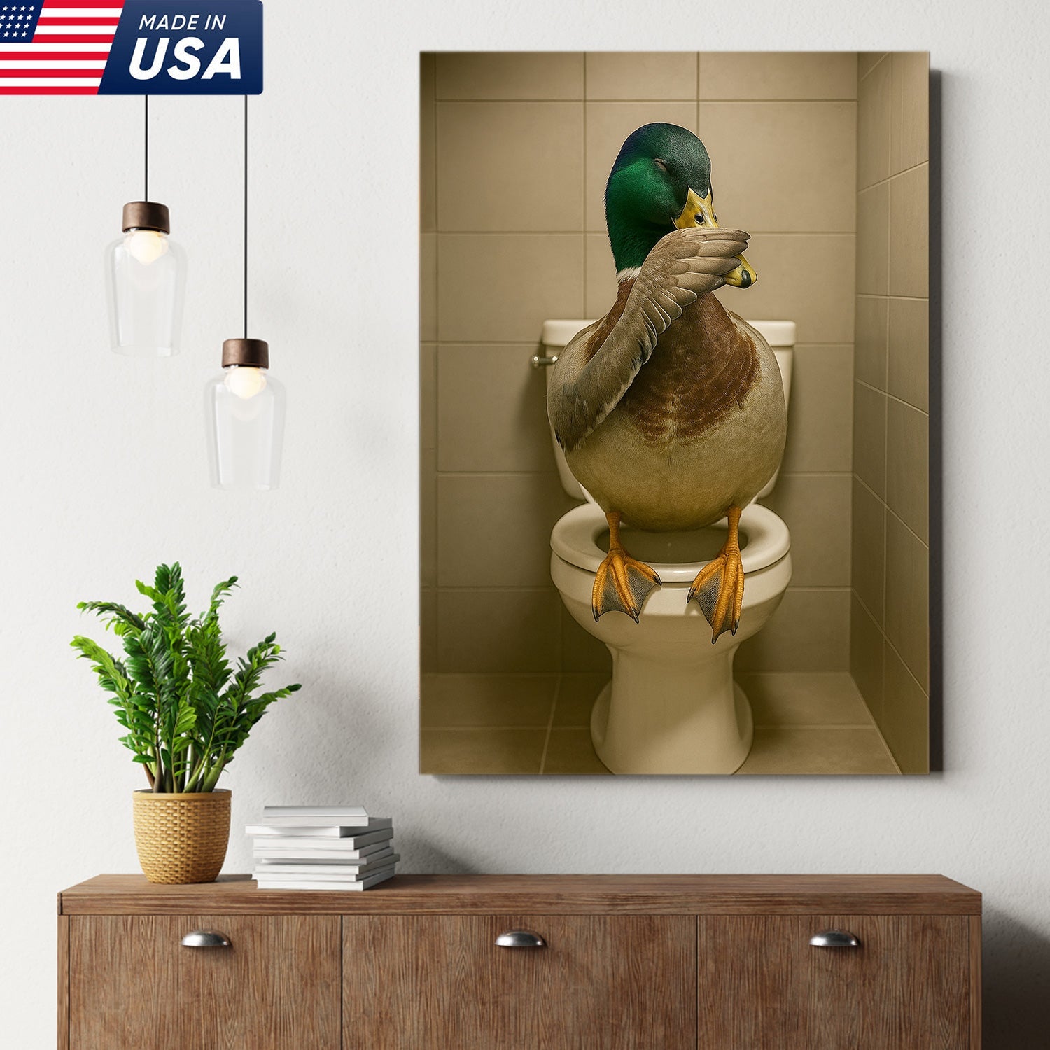 Funny Duck Bathroom Wall Art – Hilarious Rustic Toilet Canvas for Cabin, Lodge & Man Cave Decor