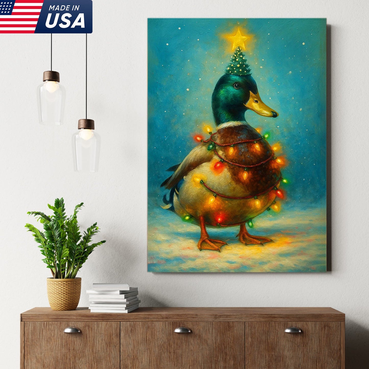 Funny Mallard Duck Christmas Canvas Wall Art – Festive Holiday Decor – Rustic Lodge Gift Idea