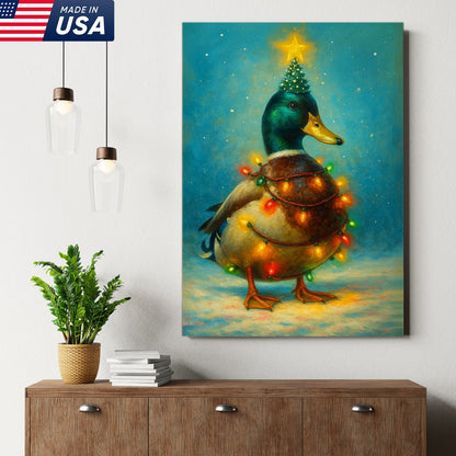 Funny Mallard Duck Christmas Canvas Wall Art – Festive Holiday Decor – Rustic Lodge Gift Idea
