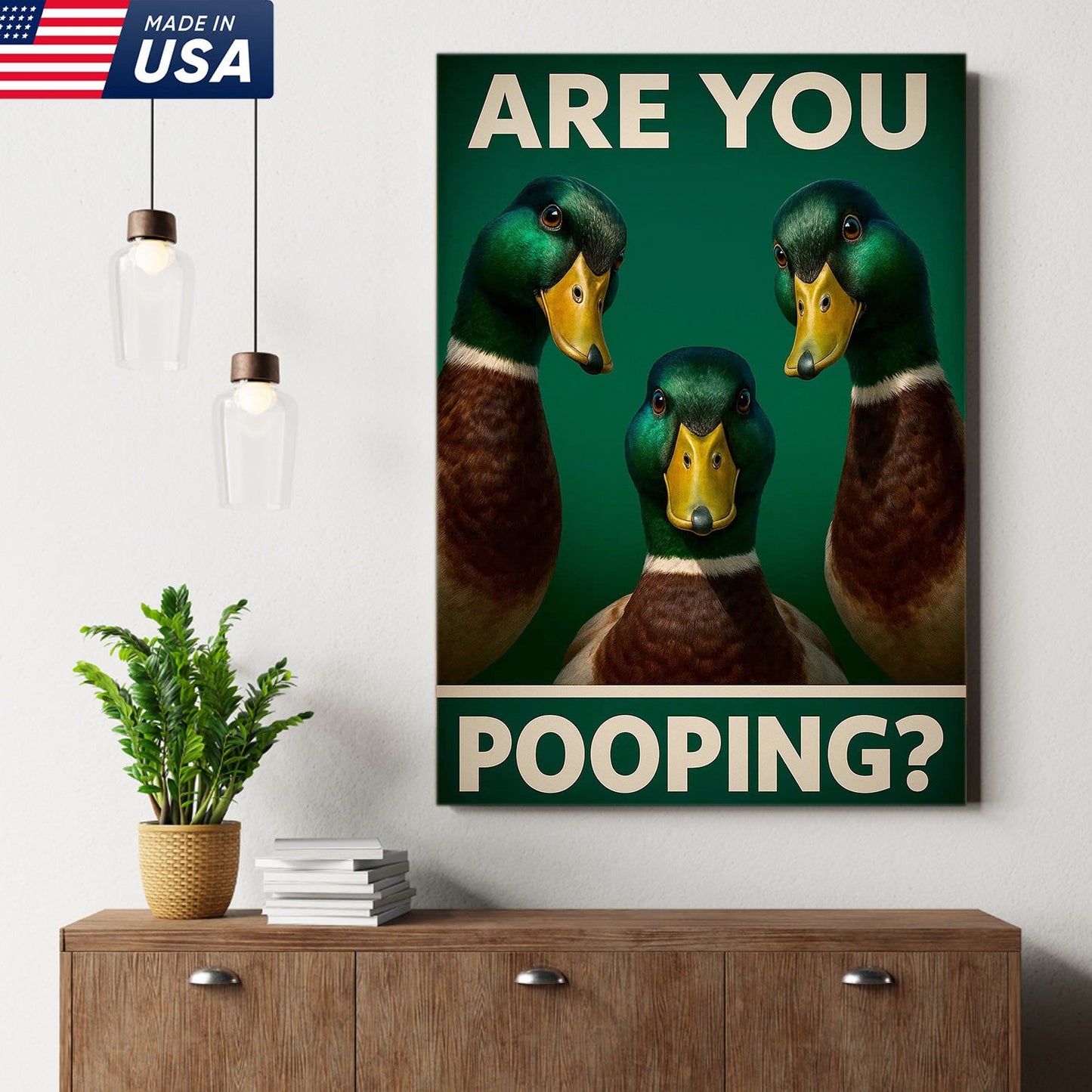 Funny Duck Bathroom Canvas Wall Art – Mallard Humor Decor – Rustic Lodge or Cabin Gift