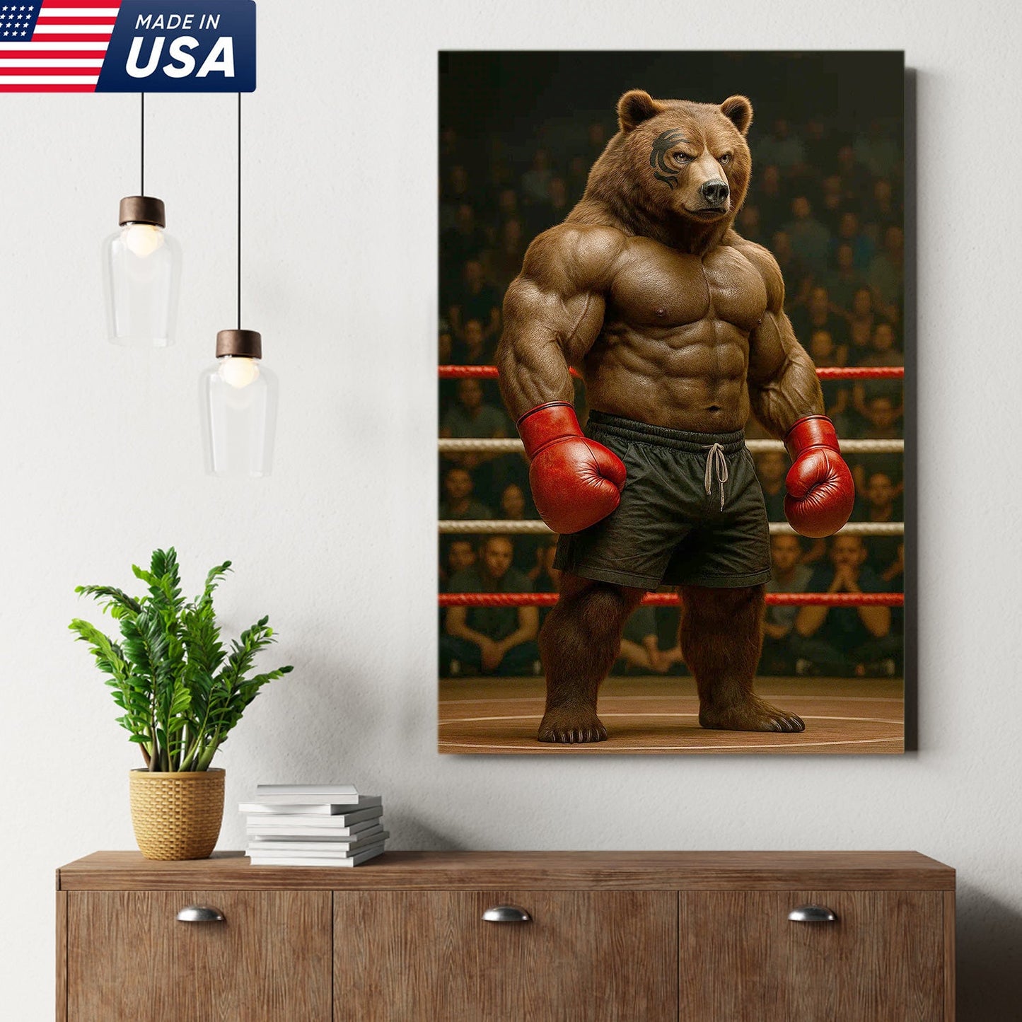 Boxing Bear Canvas Wall Art, Muscular Fighter in Red Gloves, Gym & Man Cave Decor