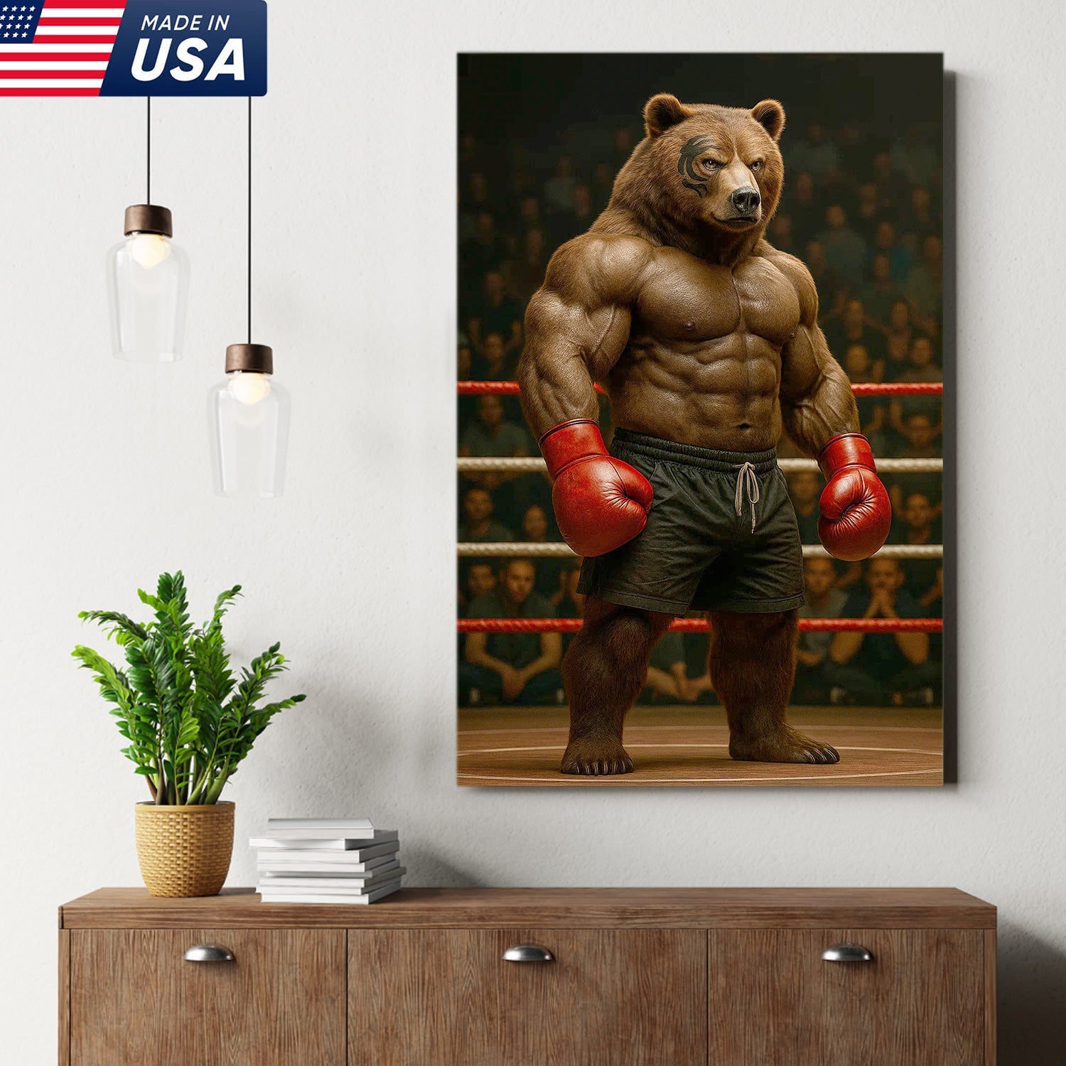 Boxing Bear Canvas Wall Art, Muscular Fighter in Red Gloves, Gym & Man Cave Decor