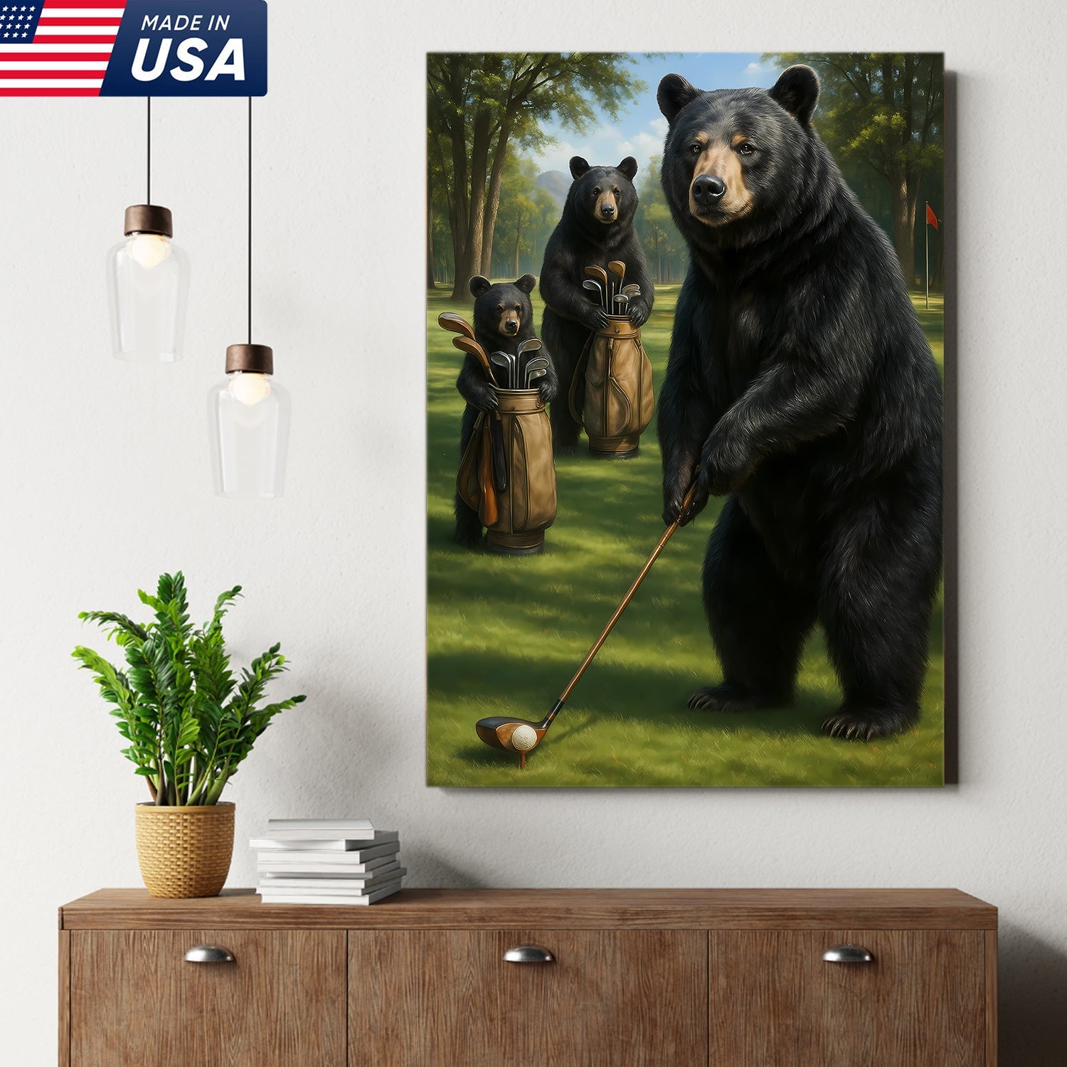 Funny Bear Golf Canvas – Rustic Cabin Wall Art Gift for Hunters, Golf Lovers & Man Caves