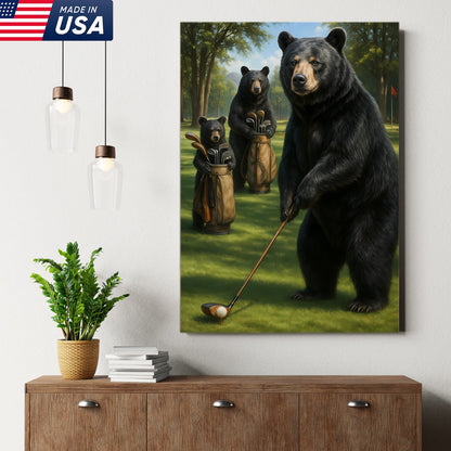 Funny Bear Golf Canvas – Rustic Cabin Wall Art Gift for Hunters, Golf Lovers & Man Caves