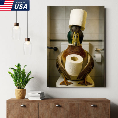 Funny Duck Bathroom Canvas Wall Art – Rustic Toilet Canvas for Cabin, Lodge & Man Cave Decor