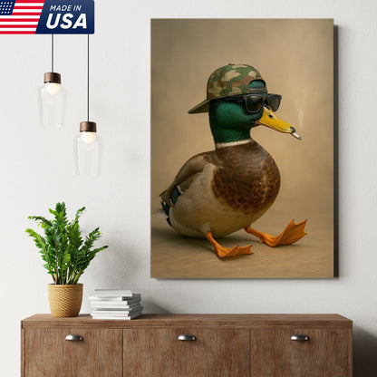 Cool Mallard Duck with Camo Hat Wall Art – Funny Hunting Canvas Print