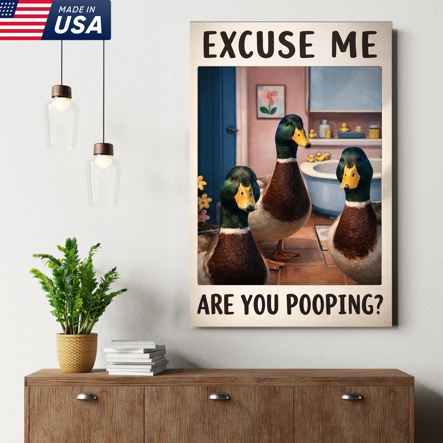 Funny Duck Bathroom Canvas Wall Art, Excuse Me Are You Pooping Quote Print