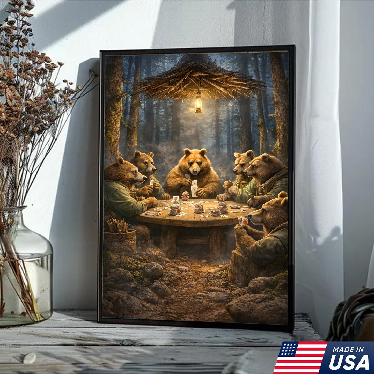 Funny Bear Poker Night Wall Art Canvas – Rustic Forest Animal Card Game Canvas Decor