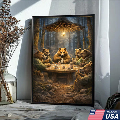 Funny Bear Poker Night Wall Art Canvas – Rustic Forest Animal Card Game Canvas Decor