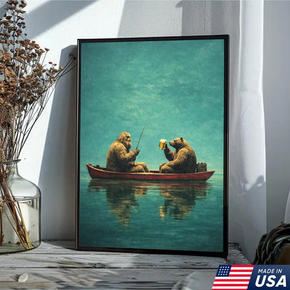 Whimsical Bear Fishing Canvas Wall Art, Surreal Animal Friendship Painting