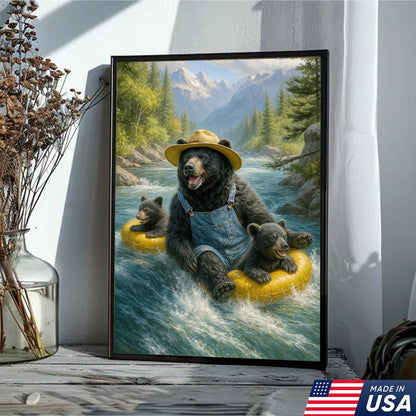 Bear River Adventure Canvas Wall Art – Cute Bear Family Wall Decor for Cabin & Nature Lovers