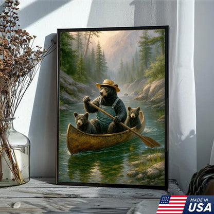 Bear Family Canoe Adventure Canvas Wall Art – Rustic Wildlife Wall Decor for Cabin & Home
