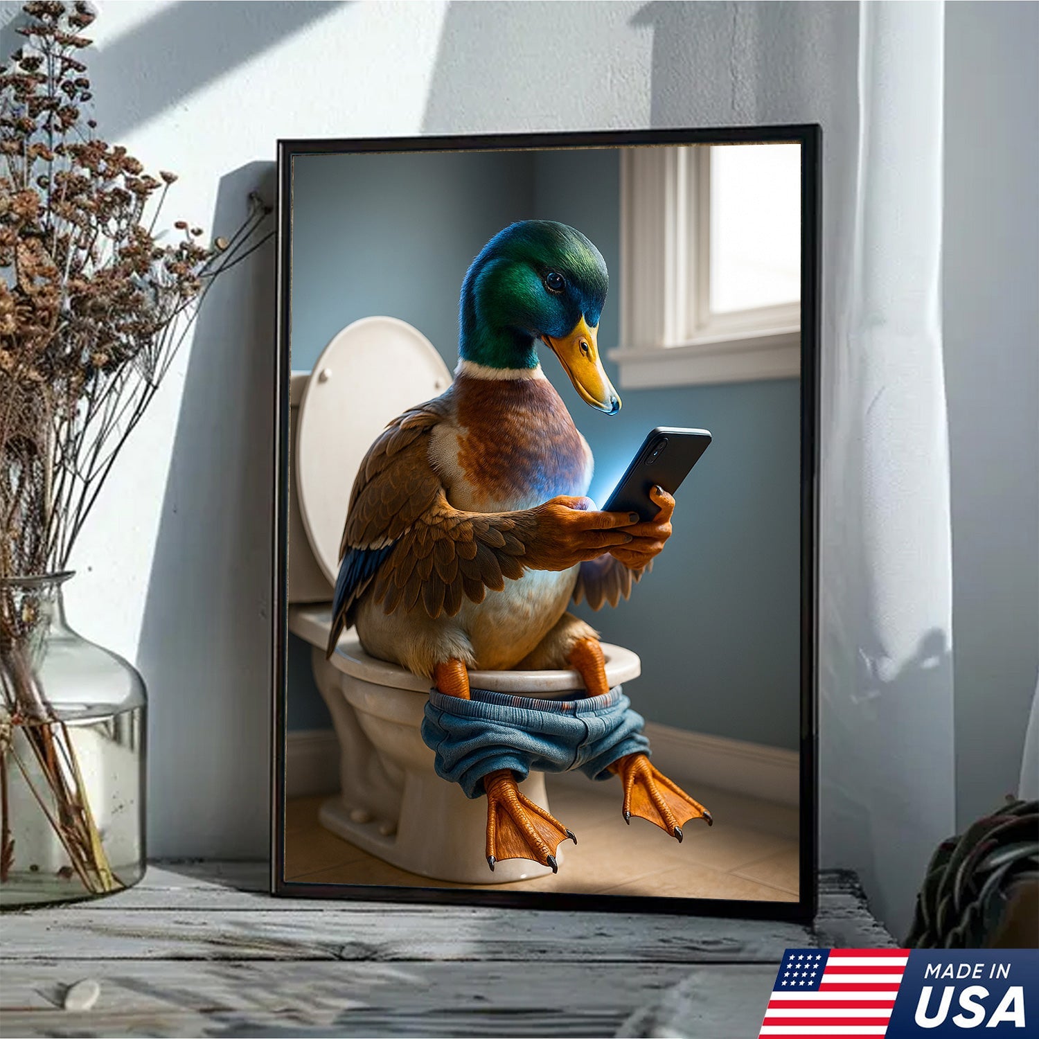 Funny Duck on Toilet Canvas Wall Art – Hilarious Gift for Men, Husband or Bathroom Decor
