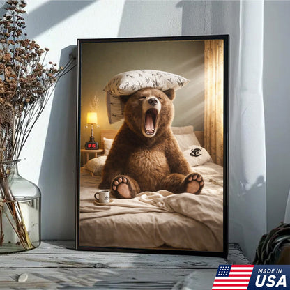 Funny Sleepy Bear Canvas Wall Art, Yawning Bear in Bed with Pillow, Cozy Bedroom Animal Art