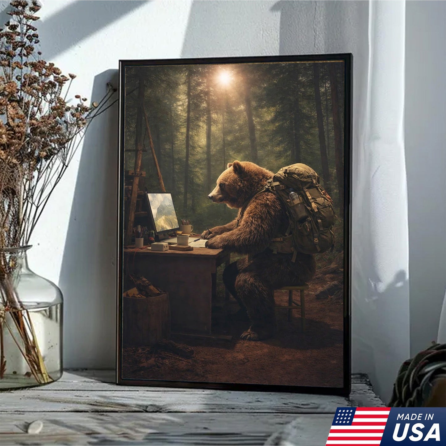 Bear Remote Work Canvas Wall Art, Whimsical Forest Office Animal Illustration