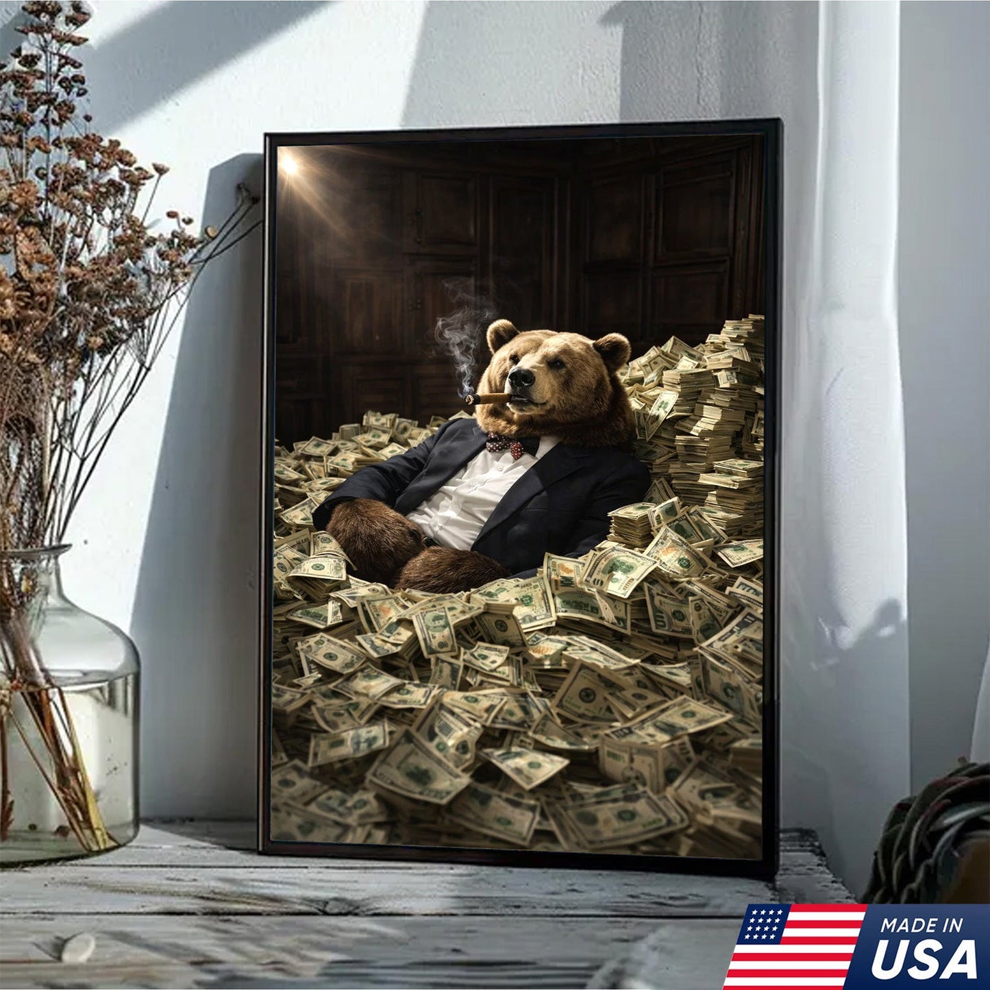 Luxury Bear Wall Art Canvas Print, Powerful Wealth Animal Portrait Illustration