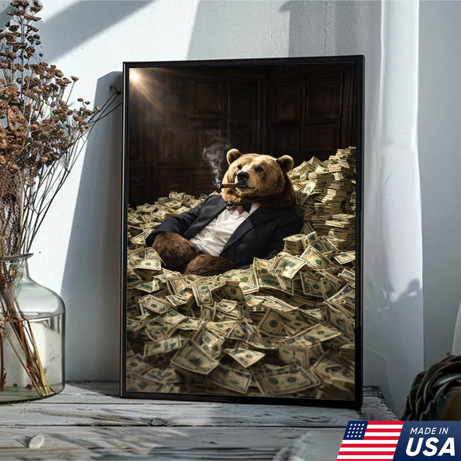 Luxury Bear Wall Art Canvas Print, Powerful Wealth Animal Portrait Illustration