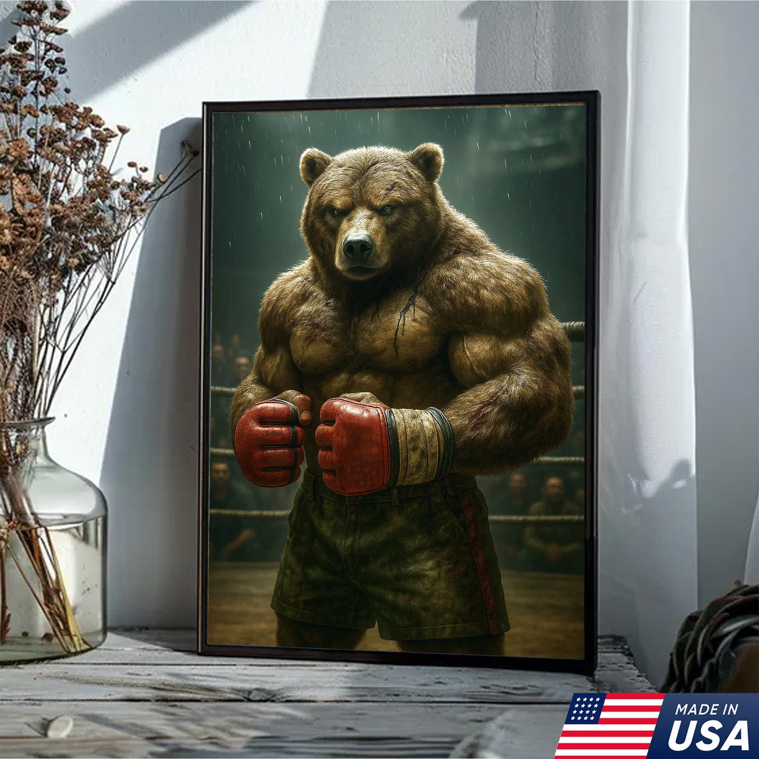 Boxer Bear Canvas Wall Art, Fierce Animal Fighter Artwork, Powerful Strength Decor for Men