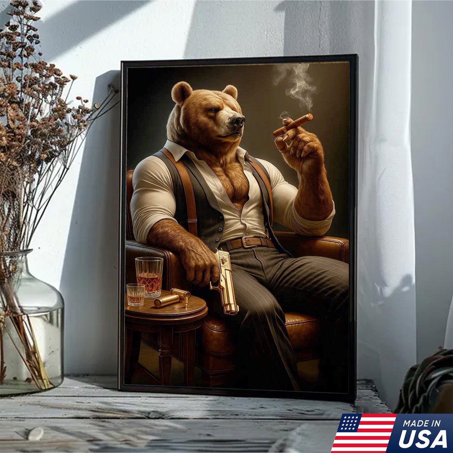Boss Bear Canvas Wall Art, Stylish Anthropomorphic Animal Portrait, Masculine Power Lounge Decor