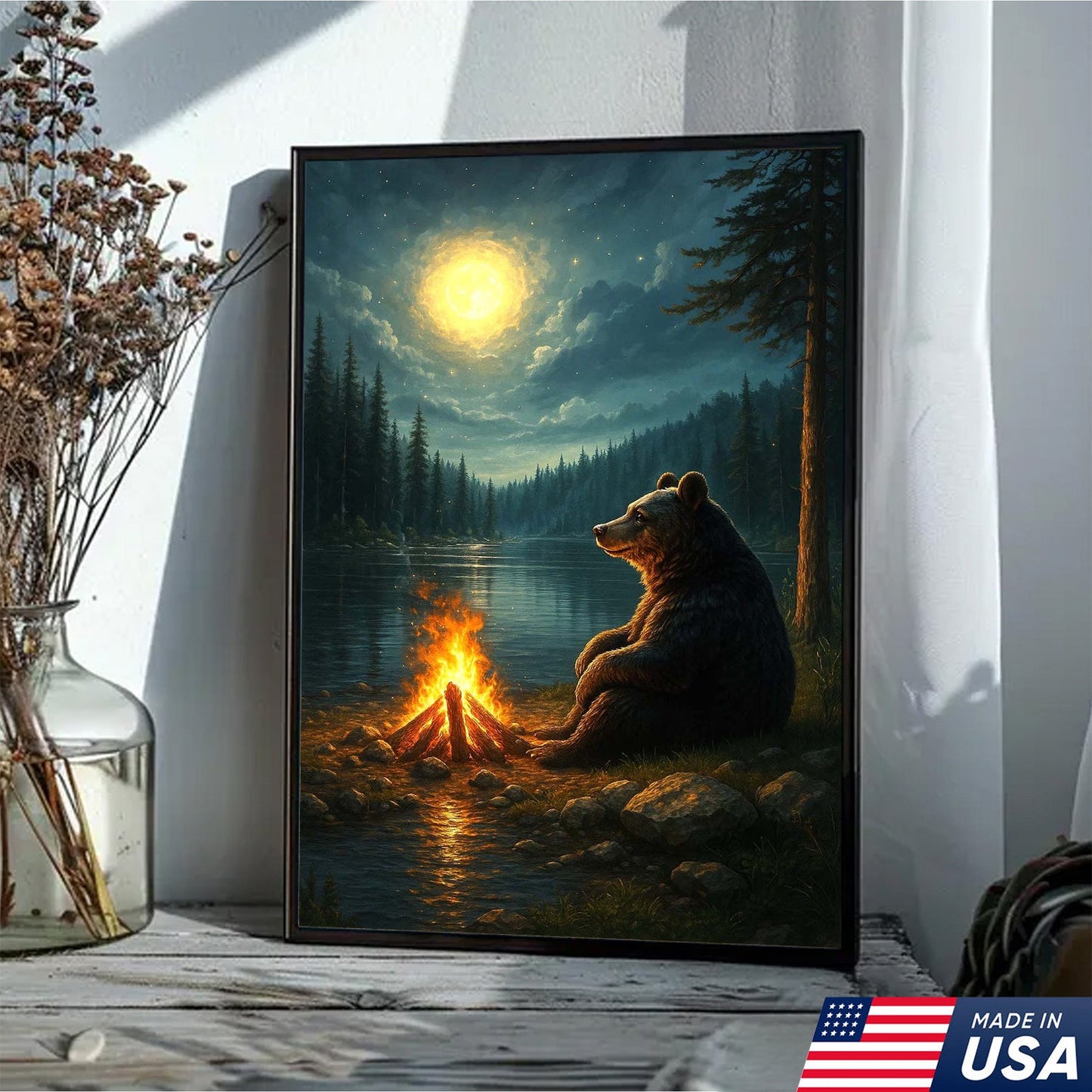 Bear Campfire Night Wall Art Canvas, Cozy Camping Bear by Lake