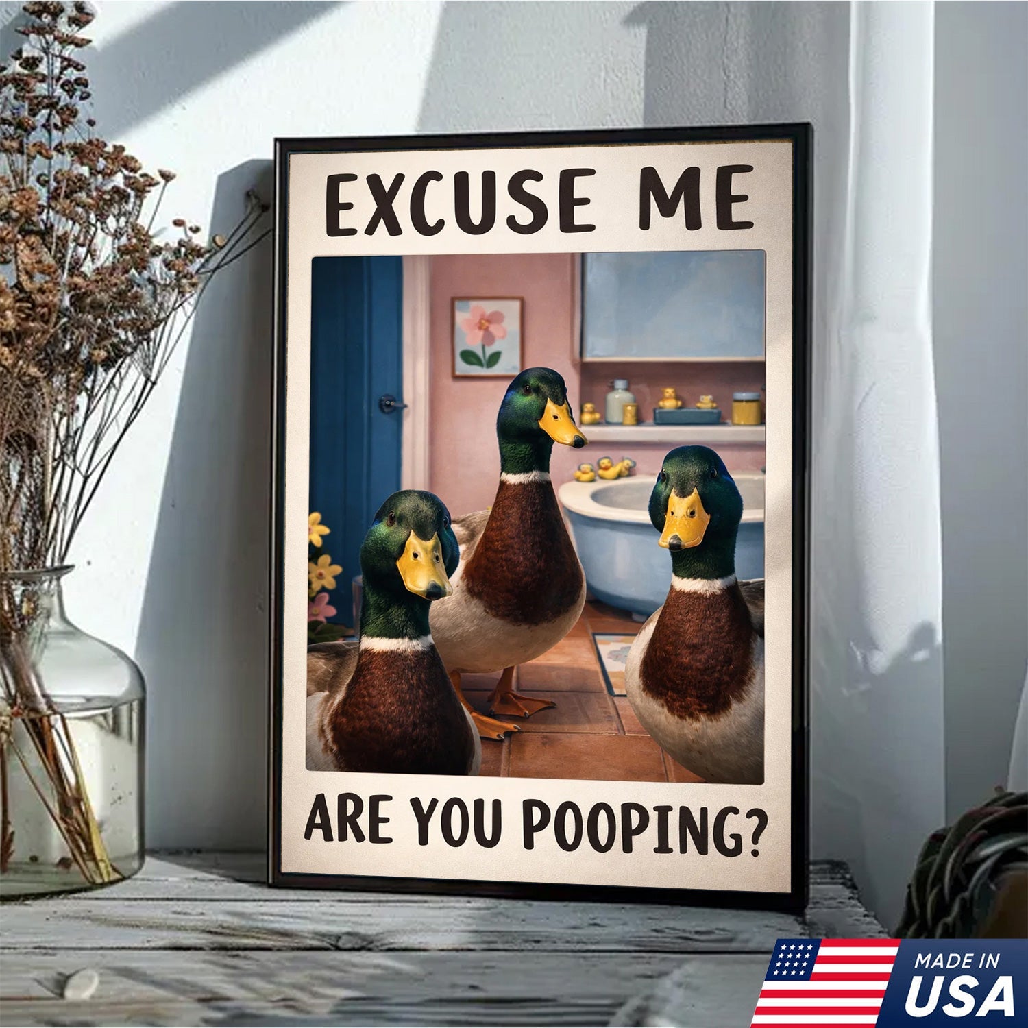 Funny Duck Bathroom Canvas Wall Art, Excuse Me Are You Pooping Quote Print