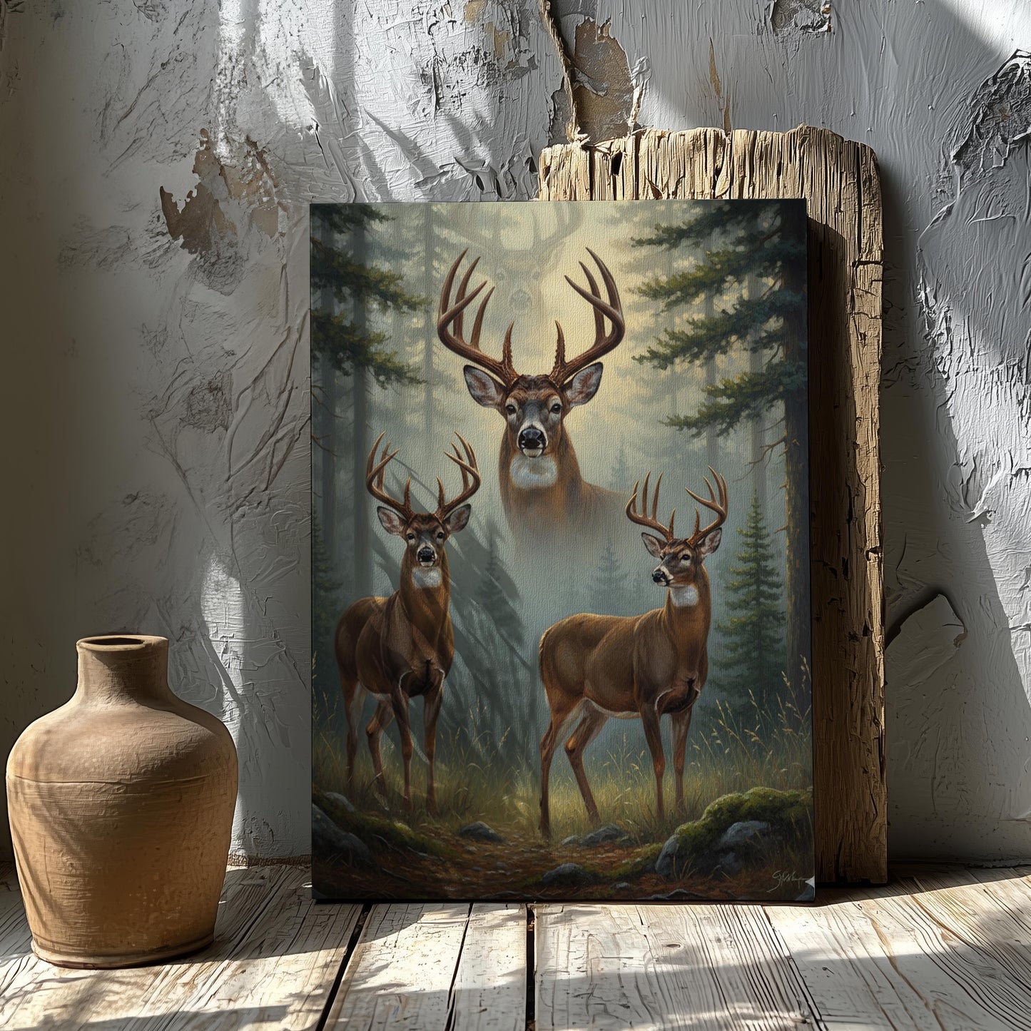 Deer Hunting Wall Art Canvas – Whitetail Bucks in Forest Print, Perfect Hunter Cabin Decor & Gift for Men