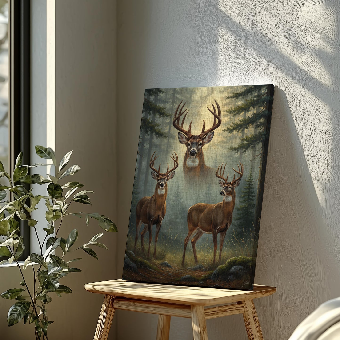 Deer Hunting Wall Art Canvas – Whitetail Bucks in Forest Print, Perfect Hunter Cabin Decor & Gift for Men
