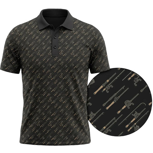 Black polo shirt with fishing rod pattern on a gray background, featuring IronReel logo.