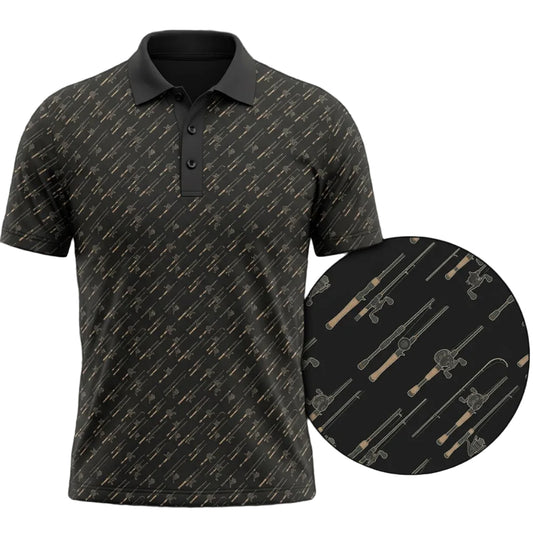 Black polo shirt with fishing rod pattern on a gray background, featuring IronReel logo.