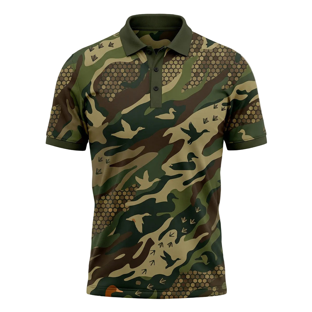 Camouflage-patterned polo shirt on a textured gray background