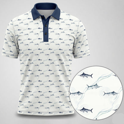 Saltwater Fishing White Blue Marlin Fishing Pattern Polo Shirt SFP1002