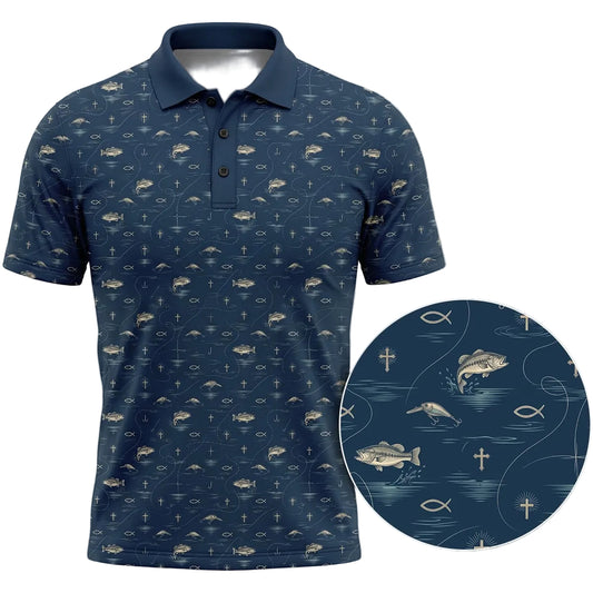 Blue Christian Fishing Pattern Polo Shirt BFP1014