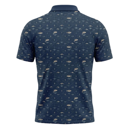 Blue Christian Fishing Pattern Polo Shirt BFP1014