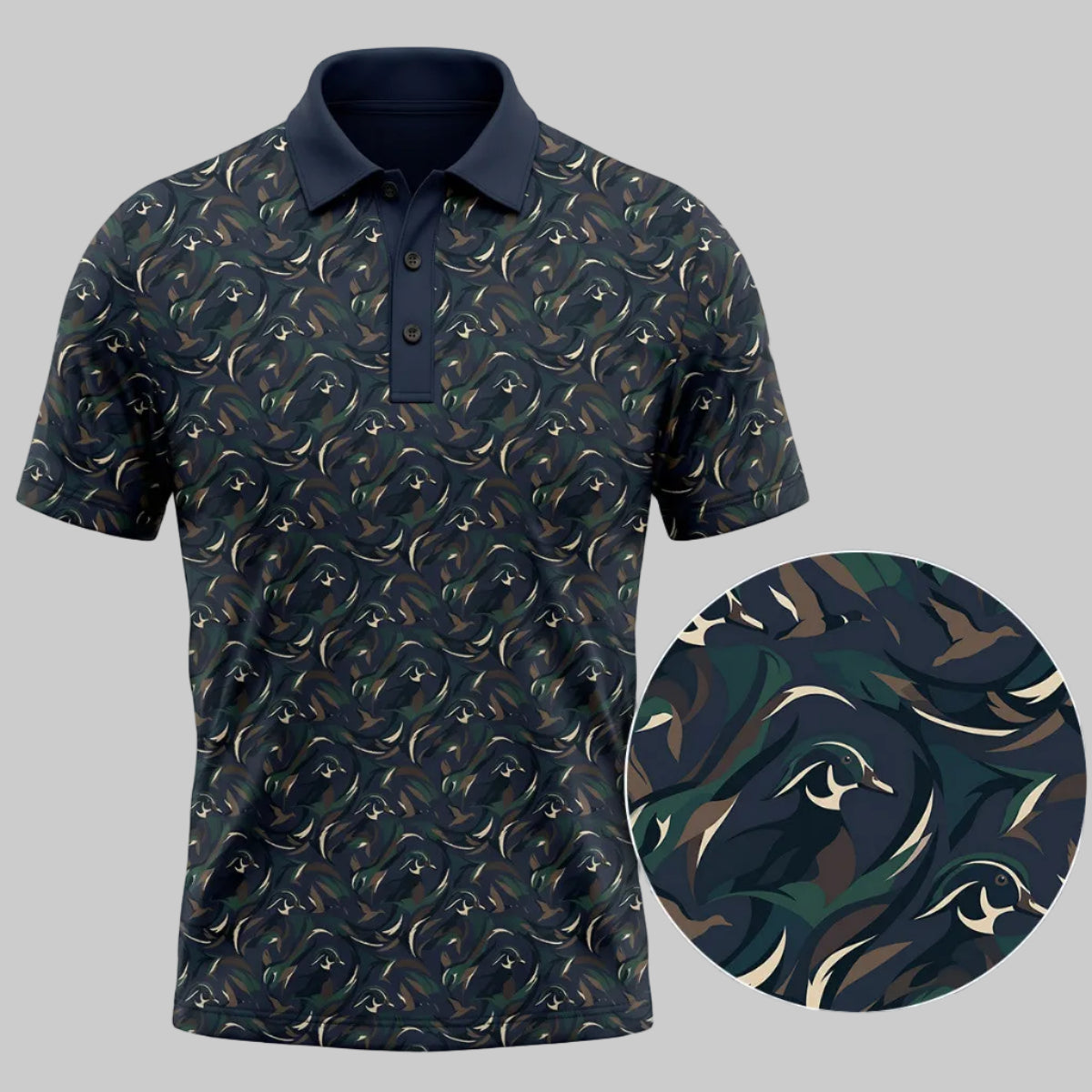 Navy polo shirt with duck hunting pattern on a gray background
