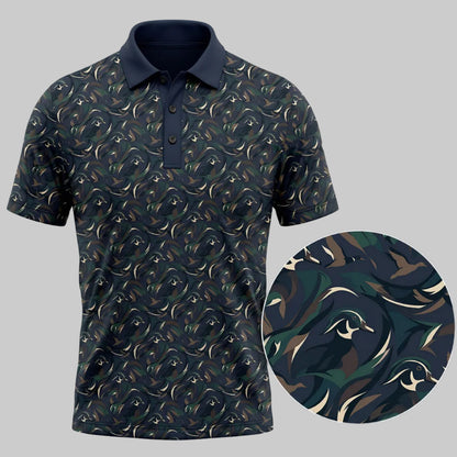 Navy polo shirt with duck hunting pattern on a gray background