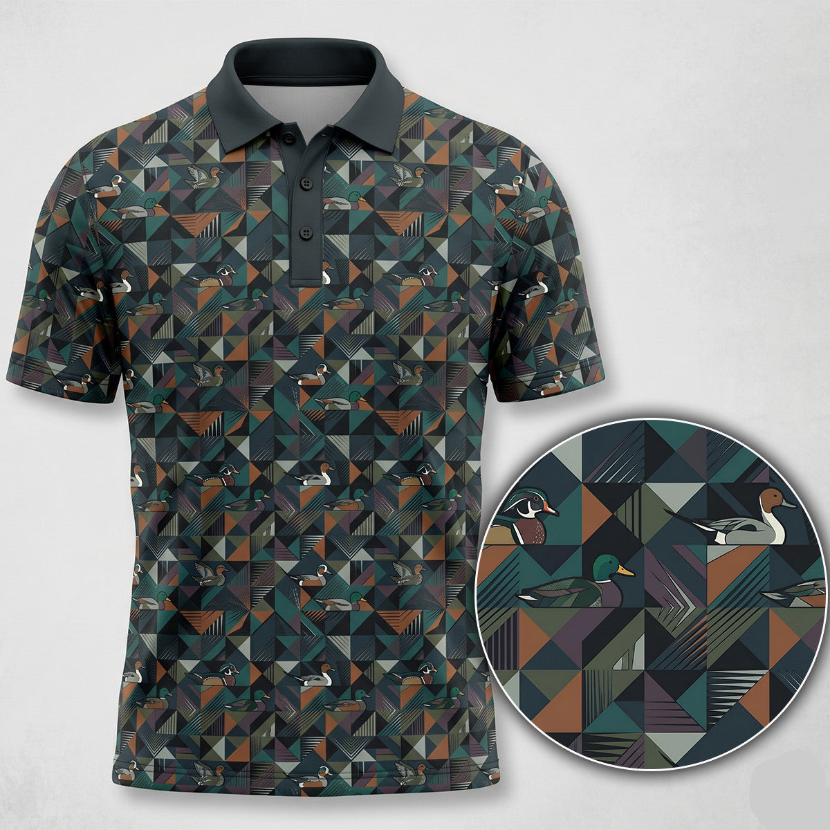Geometric patterned polo shirt with a close-up detail on a white background