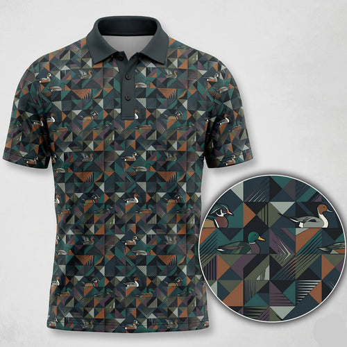 Geometric patterned polo shirt with a close-up detail on a white background